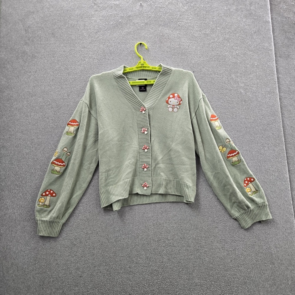 Hello Kitty By Sanrio Women Cardigan S Green Embroidered Graphic Mushroom